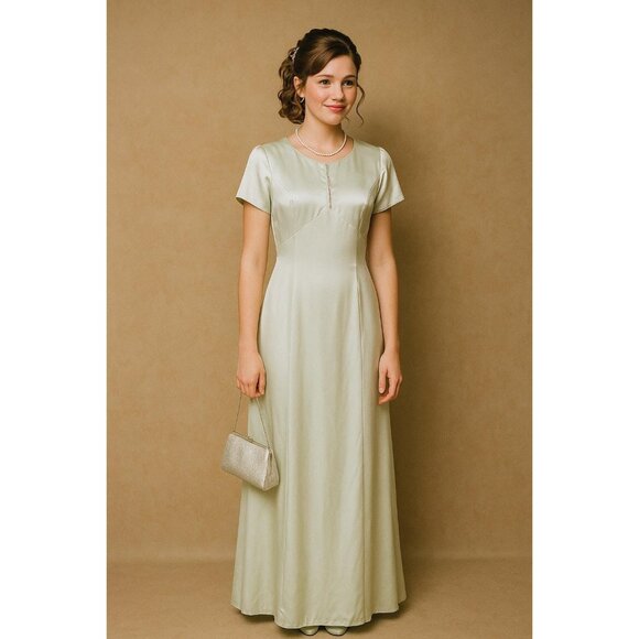 Vintage 1990s Satin Formal Maxi Dress – Light Green, Keyhole & Jewel Clasp, Size - Picture 3 of 10